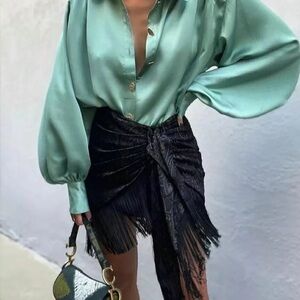 Zara Black and Gold Wrap Mini Skirt Fringe Paisley NWT XL Extra Large